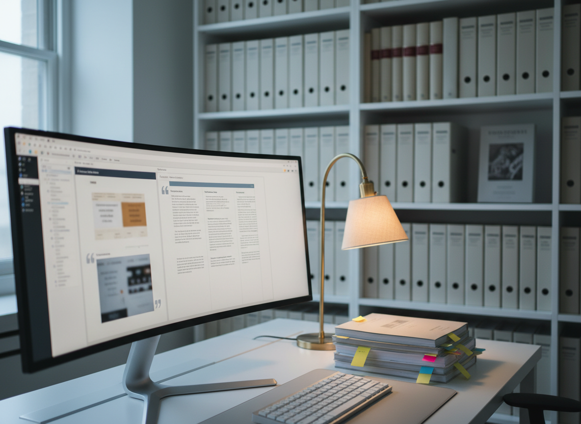 A quiet editorial workspace featuring a large, ultra-wide monitor displaying a sophisticated document layout with multiple columns, pull quotes, and section headings, all slightly blurred to avoid reading. Beside it, a slim mechanical keyboard and a stack of flagged reports with color-coded sticky notes form a tidy arrangement on a matte white desk. Behind, a floor-to-ceiling bookshelf filled with neutral-toned binders and reference books fades into a soft bokeh. Cool, diffused overcast light from a nearby window mixes with a subtle, warm desk lamp glow, creating nuanced, balanced lighting. Photographic realism, shot at eye level with a medium depth of field, evoking a calm, methodical, and intellectually engaged atmosphere suited to complex editorial projects.