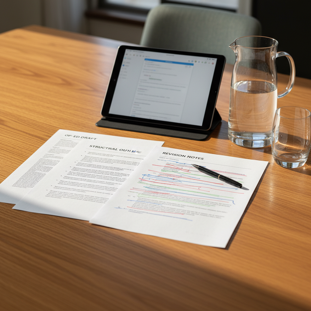 A polished oak conference table seen from a slightly elevated angle, holding a curated arrangement of documents: a concise op-ed draft with clean typography, a structured outline with bullet points, and a marked-up page featuring tracked changes in multiple colors. A thin, matte-black tablet displays a blurred email client in the background, just out of focus. A carafe of water and a single clear glass sit to the side, catching soft, late-afternoon natural light from an unseen window. The lighting creates warm highlights along the wood grain and gentle, elongated shadows, lending a sense of seriousness without harshness. Photographic realism with balanced composition using the rule of thirds, conveying a mood of thoughtful preparation for an important, critical conversation.
