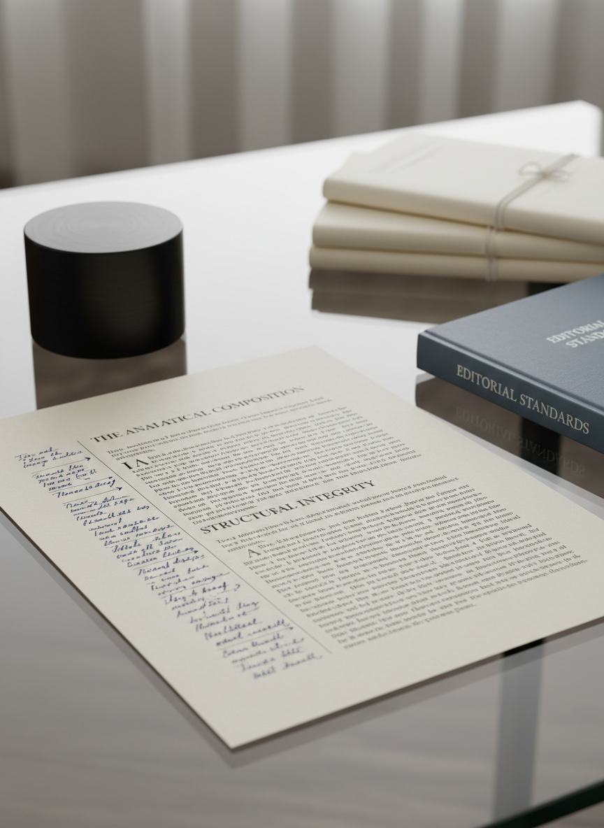 A close-up of a minimal, glass-topped desk holding a single printed page with carefully structured paragraphs and bold, elegant headings, beside a narrow column of handwritten margin notes in dark blue ink. A weighted black metal paperweight anchors the page near the top corner. In the background, tastefully blurred, a stack of neatly aligned manuscripts and a muted slate-blue hardcover style guide sit aligned to the right. Soft studio lighting from above and slightly behind creates a calm, even illumination, with delicate reflections on the glass surface. The atmosphere is refined and composed, suggesting analytical focus. Photographic realism, eye-level composition with a shallow depth of field, emphasizing texture of the paper and ink while maintaining a sophisticated, editorial mood.