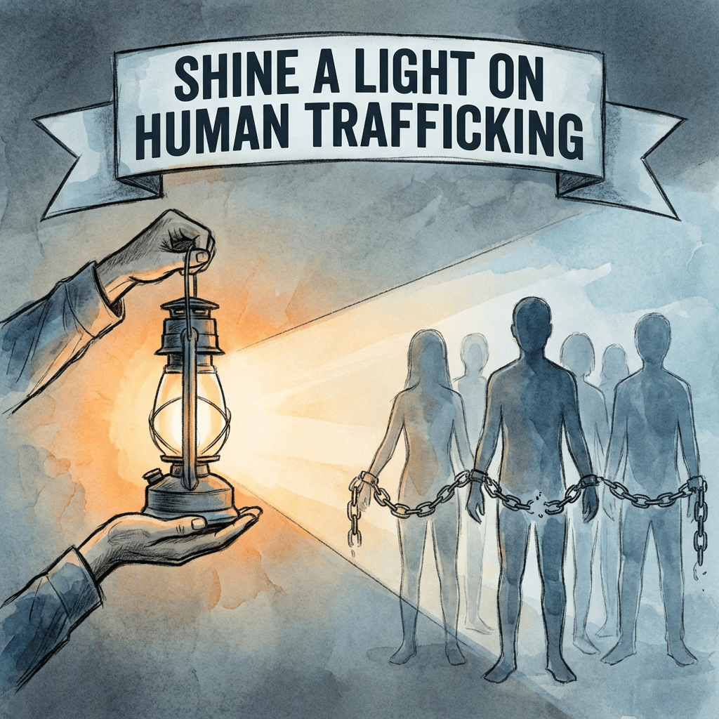 Illustration of a lantern illuminating chained silhouettes with text 'SHINE A LIGHT ON HUMAN TRAFFICKING'.