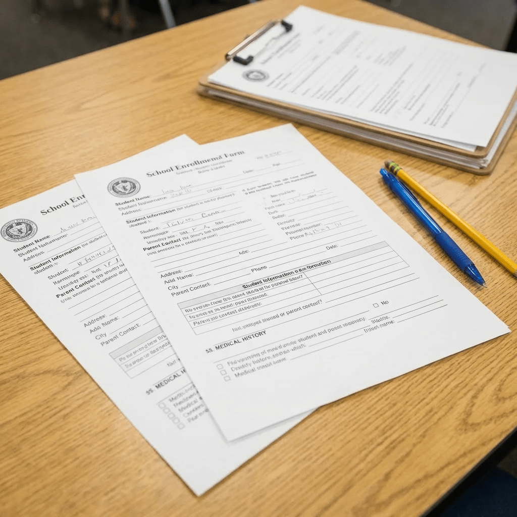 Families filling out forms in a classroom with a banner saying FALL REGISTRATION - WELCOME!.