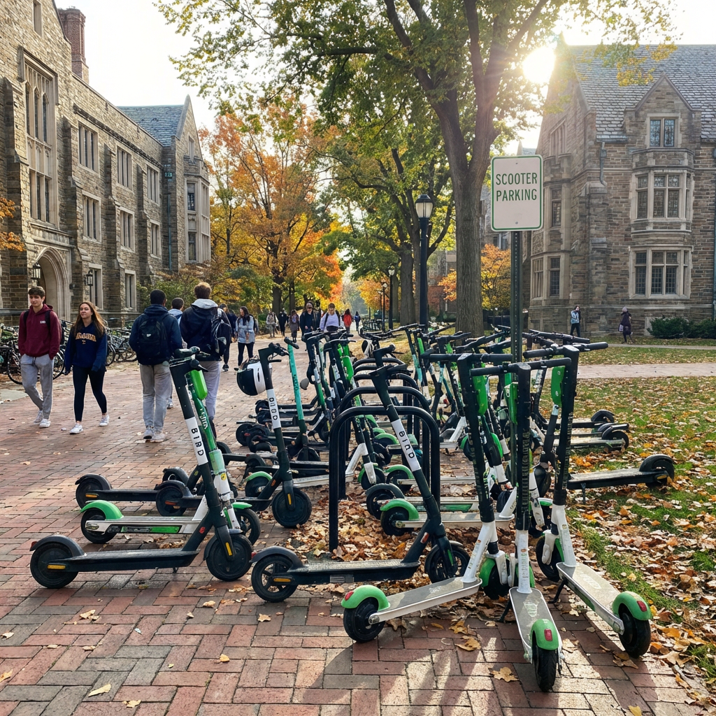 Electric scooters parked next to a 'Scooter Parking' sign on a university campus during autumn.