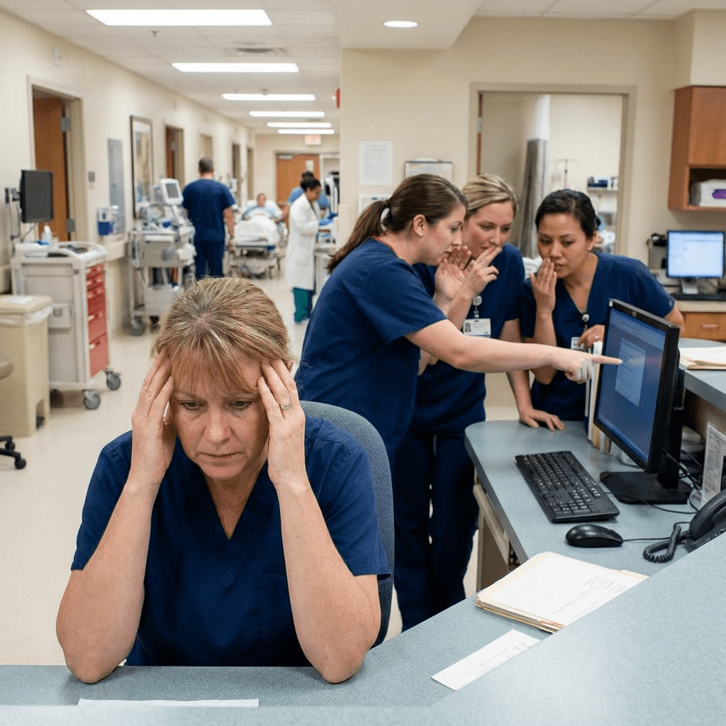 A stressed nurse sits with head in hands while colleagues gather around a computer monitor.