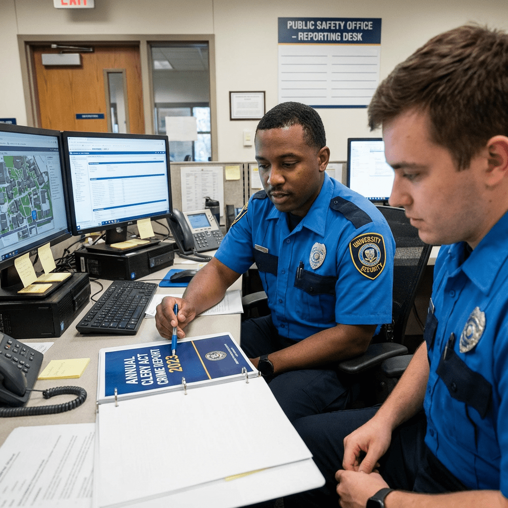 Two university security officers in blue uniforms review the 2023 Annual Clery Act Crime Report.