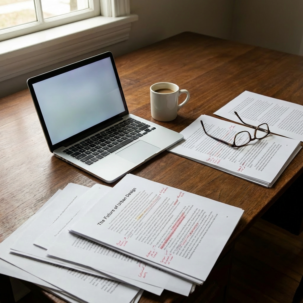 A cluttered desk with a typewriter, coffee, and papers titled The Future of Urban Design.
