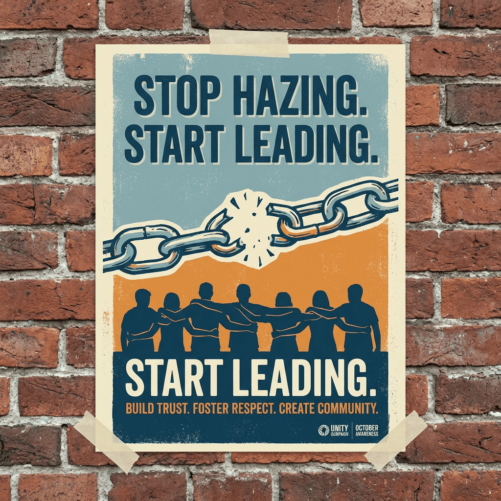 Poster text: STOP HAZING. START LEADING. BUILD TRUST. FOSTER RESPECT. CREATE COMMUNITY.