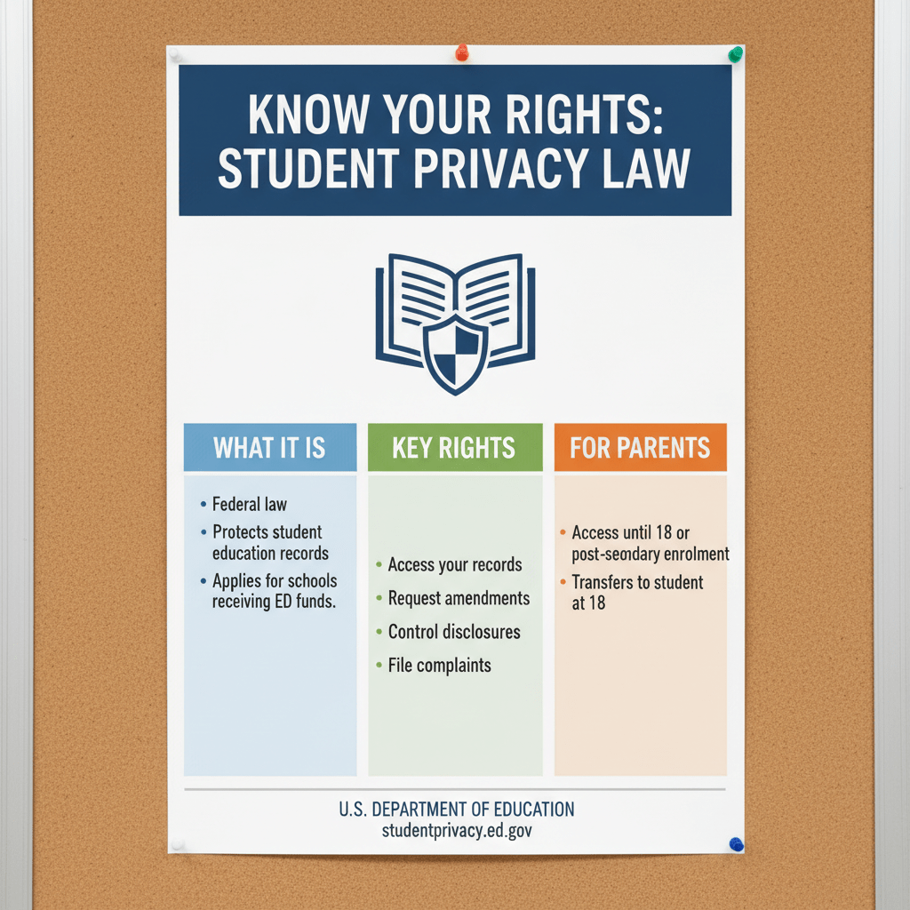 Know Your Rights: Student Privacy Law. What it is: Federal law, Protects student education records, Applies for schools receiving ED funds. Key Rights: Access your records, Request amendments, Control disclosures, File complaints. For Parents: Access until 18 or post-secondary enrolment, Transfers to student at 18. U.S. Department of Education studentprivacy.ed.gov