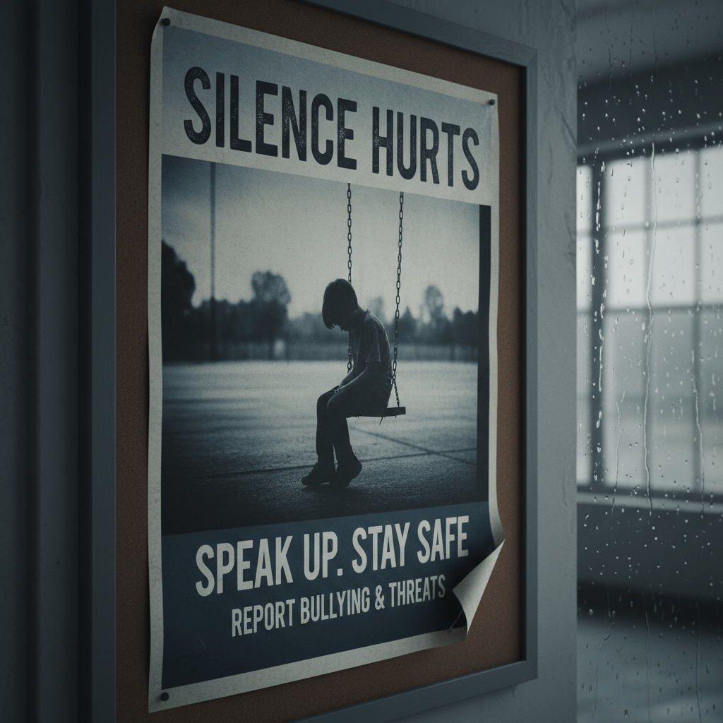 Poster text: SILENCE HURTS. SPEAK UP. STAY SAFE. REPORT BULLYING & THREATS.