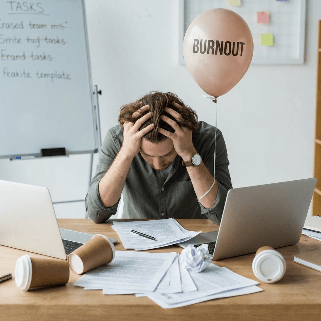 Man at desk with BURNOUT balloon and whiteboard text TASKS Erased team mis Brand tasks.