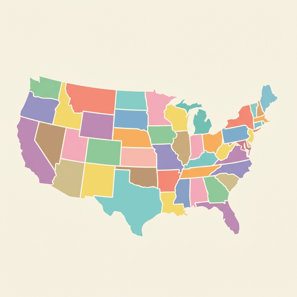 Stylized map of the contiguous United States with states highlighted in various pastel colors.