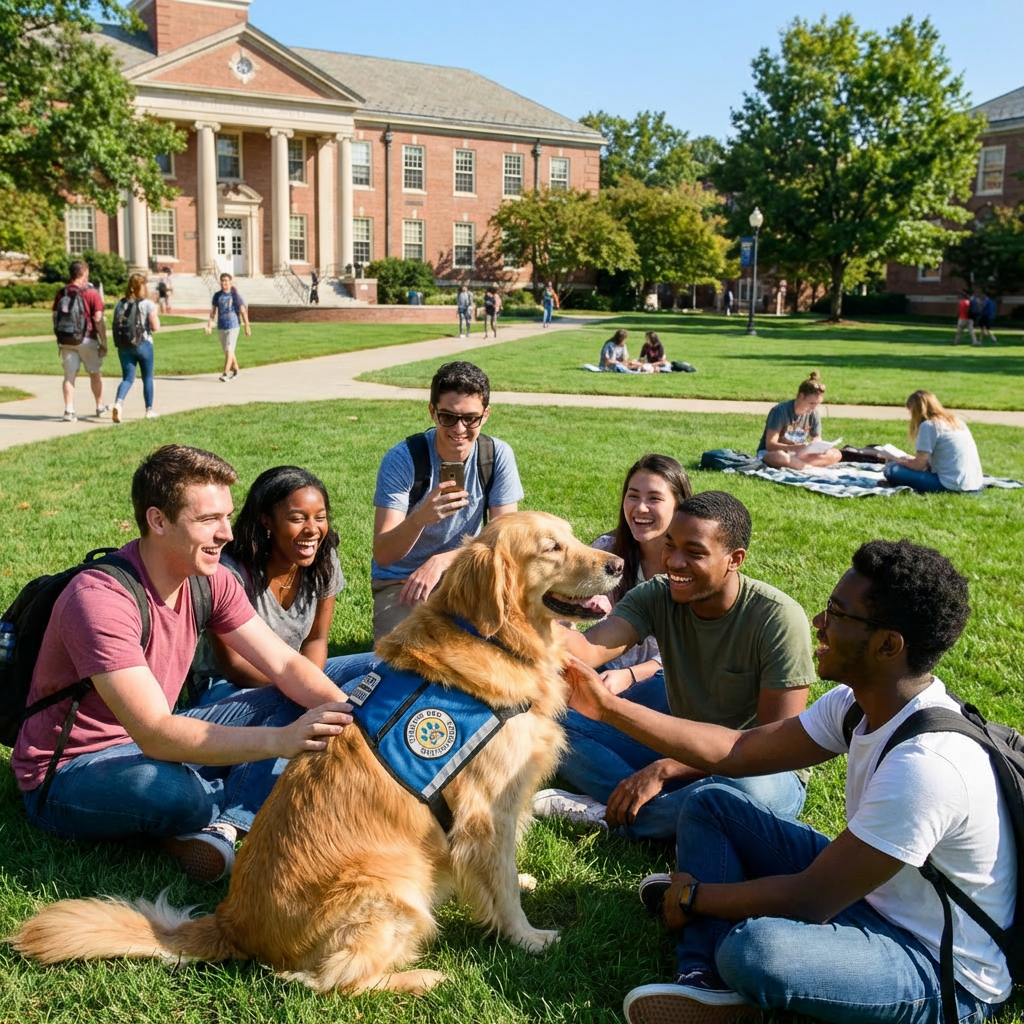 Diverse college students sitting on a lawn petting a therapy golden retriever.