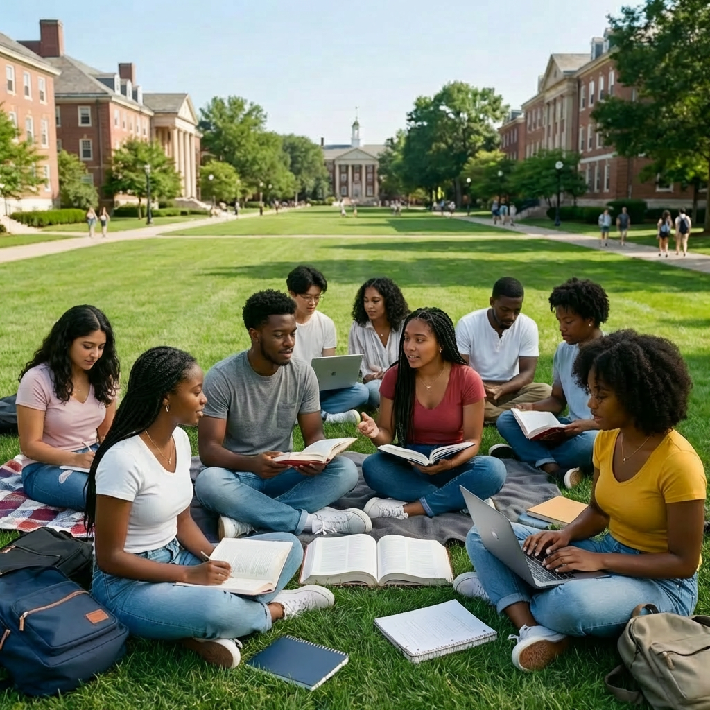 Diverse group of smiling people of all ages gathered outside a brick community center building.