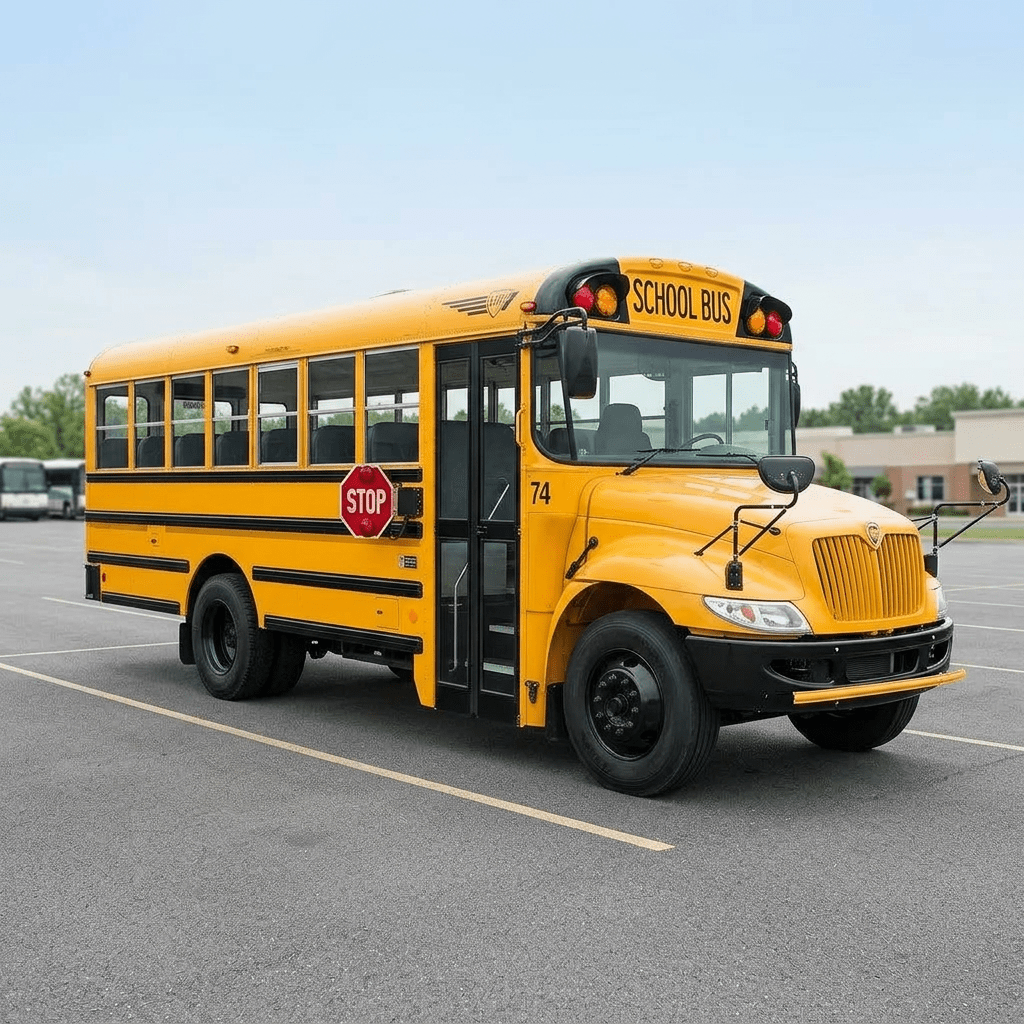 Yellow school bus with stop sign extended parked in empty parking lot