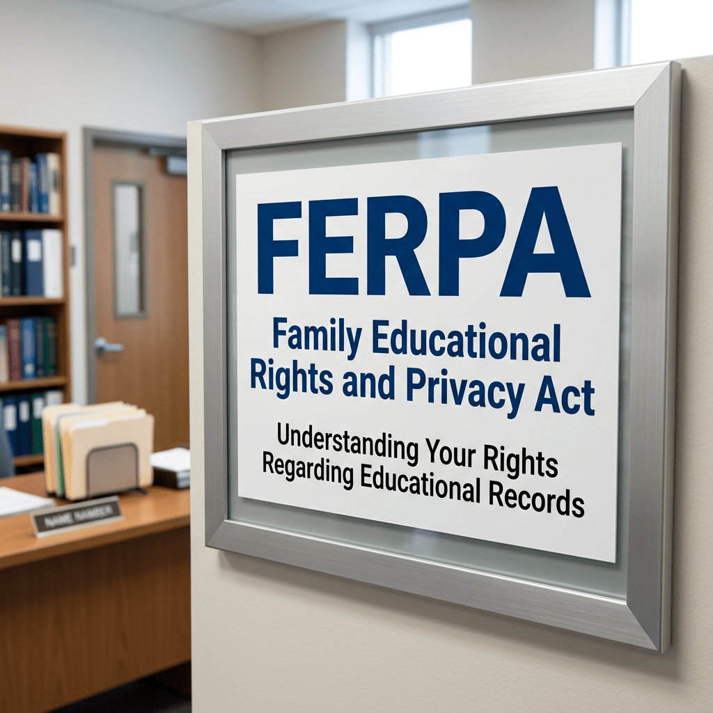 Sign reading 'FERPA Family Educational Rights and Privacy Act Understanding Your Rights Regarding Educational Records' in an office