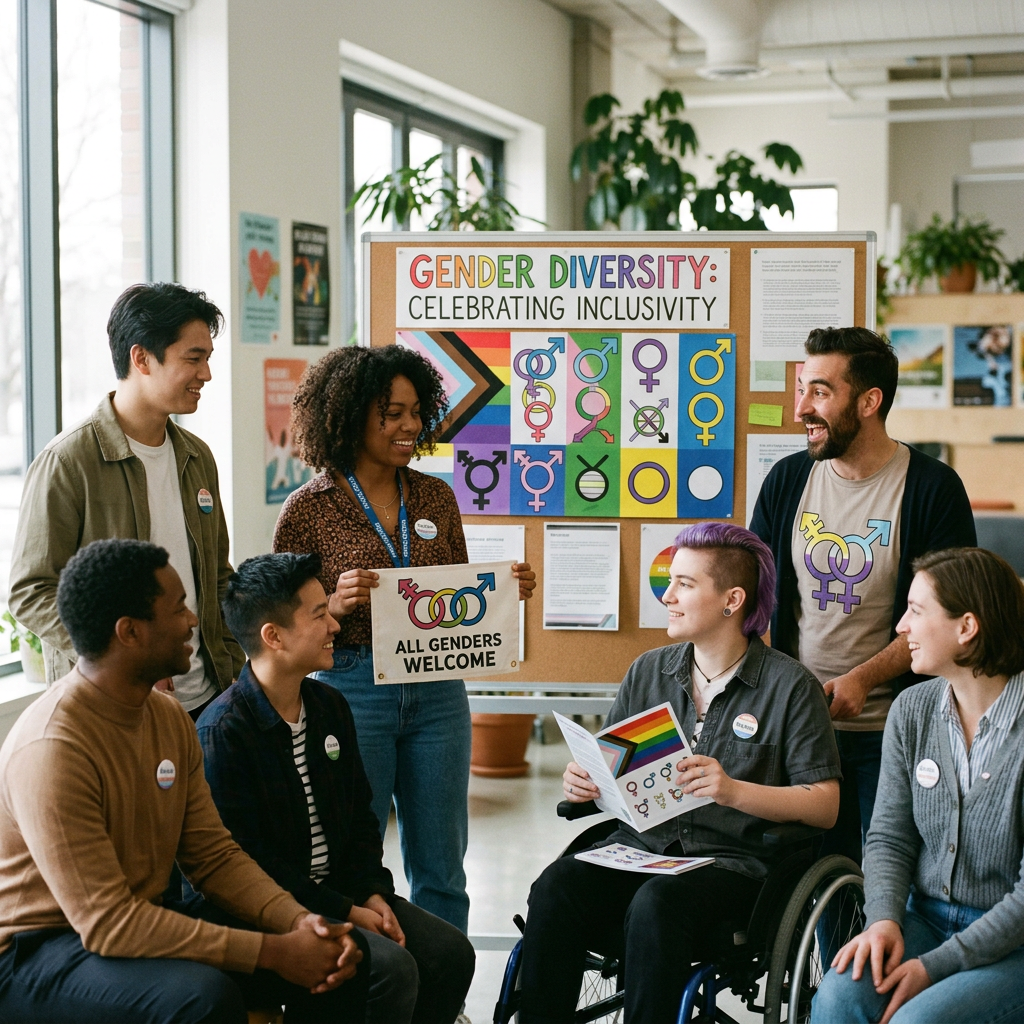 Group of diverse people sharing gender diversity symbols and signs